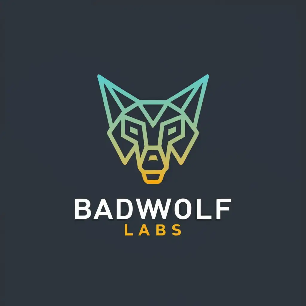 a logo design, with the text 'BadWolfLabs', main symbol:Wolf, Minimalistic, to be used in Technology industry, clear background, The word 'Labs' in yellow, defined jaw, hard edges, wider neck line, diamond shaped bust, sharp lines and angles