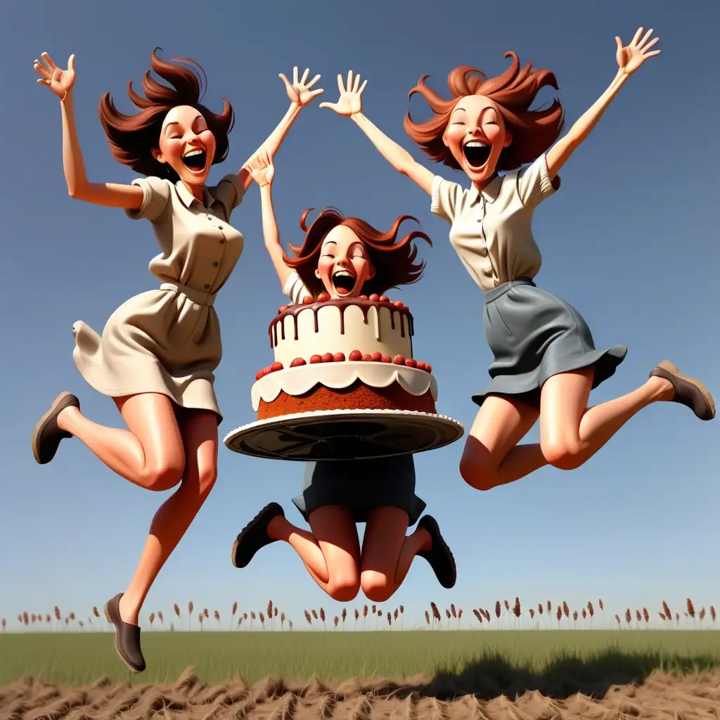 Funny Happy Birthday on top of the card.  ladies jumping while holding a cake together. They are outside in the field. 

