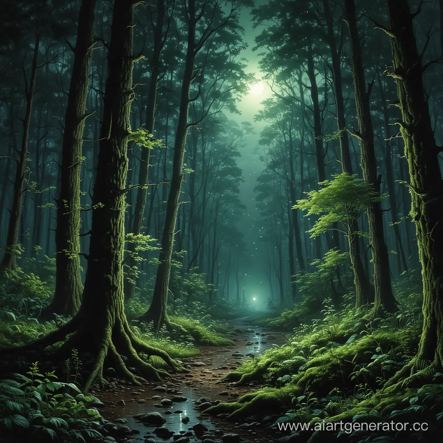 Ночь, фентези, деревья, в лесу, зеленые сверчки, 