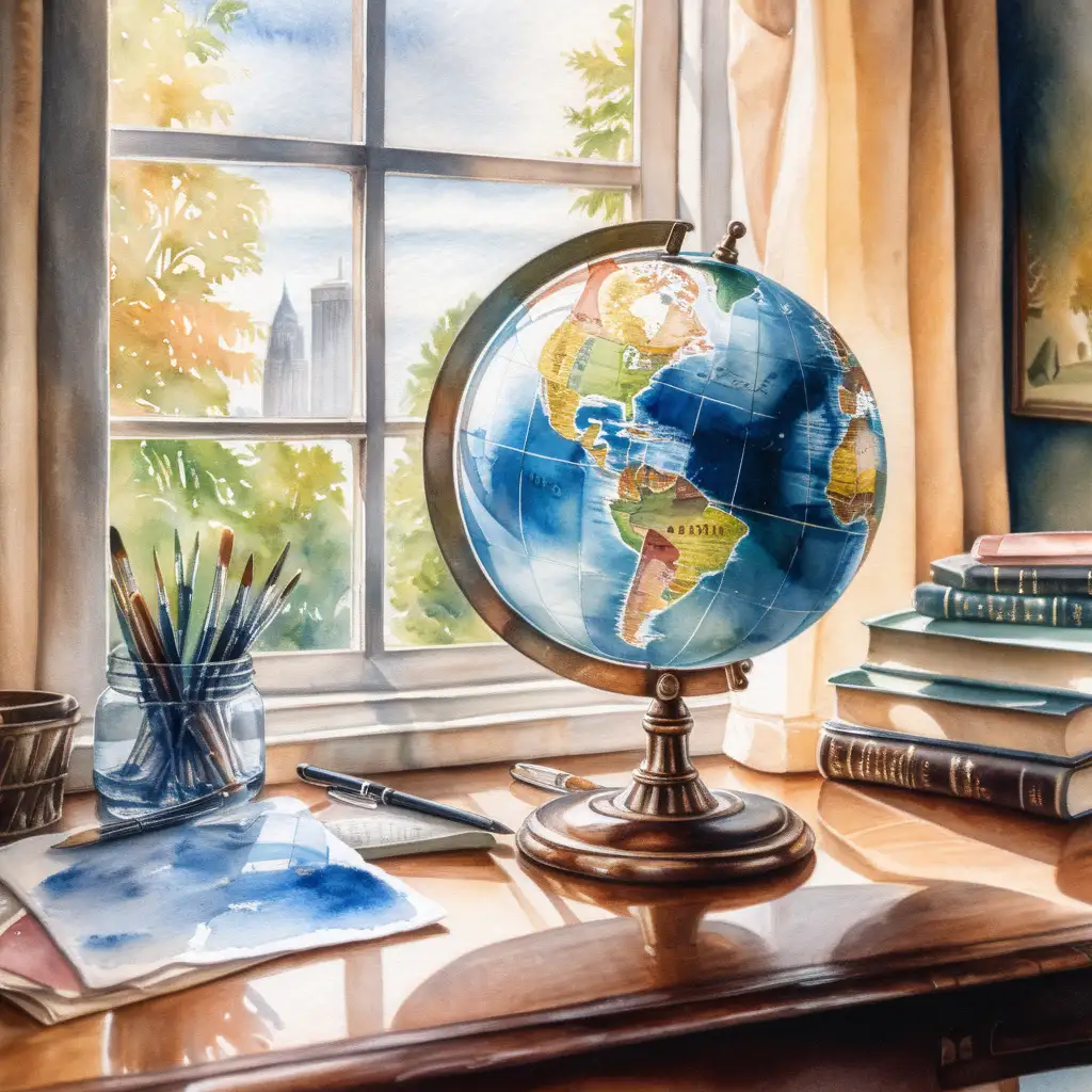 Watercolor Painting of a Globe by a Window