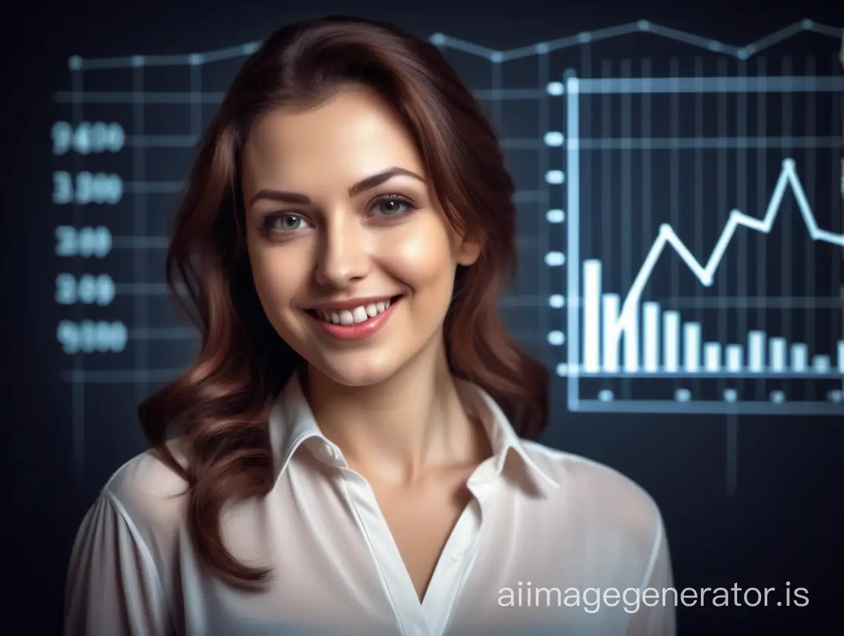 A beautiful hot woman 30 years old in a blouse looks at the camera and smiles. In the background, there is a graph that is falling down. Photo style realism