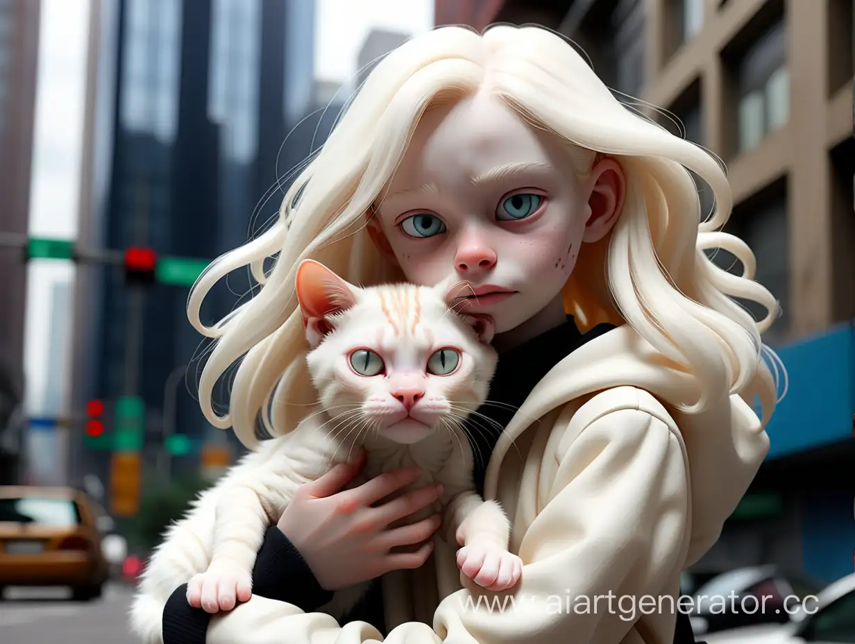 A 12-year-old girl, alone in a big city holding an albino cat in her arms. She got lost. The future, cyberbank,