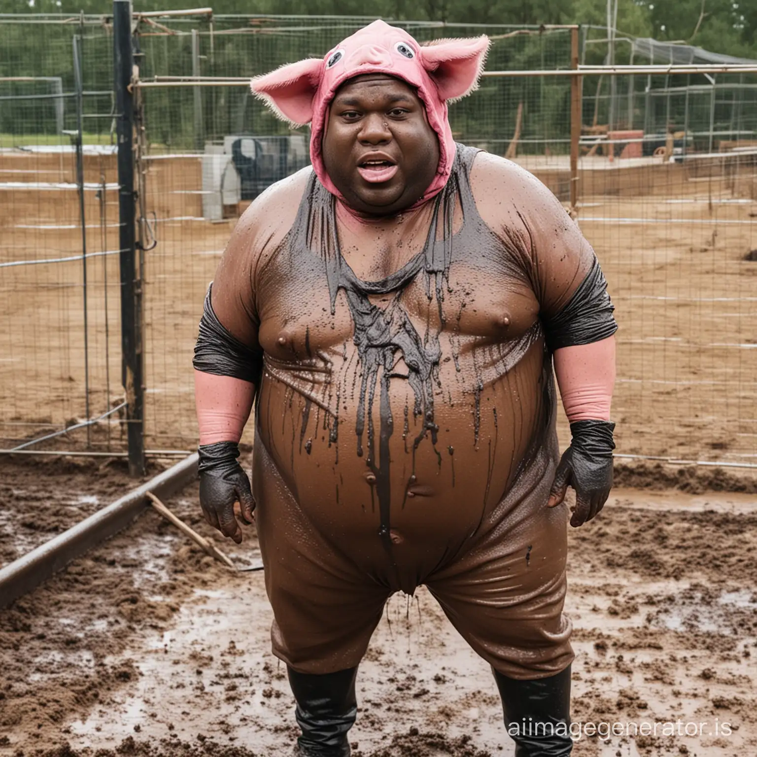 Joyful Man in Festive Pig Pen Costume | AI Image Generator