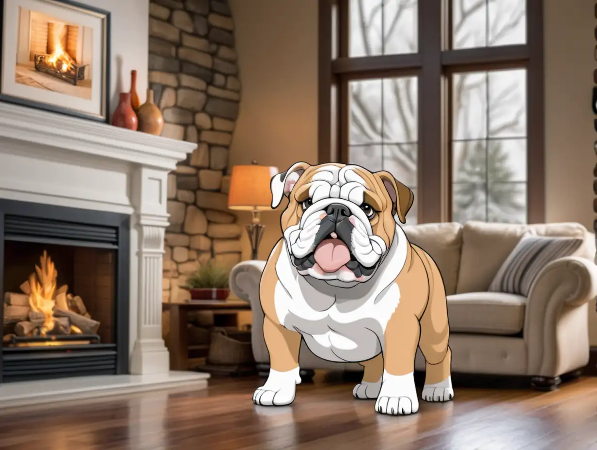 An cute English bulldog waving at me inside with a fireplace and window in the background. To be printed on a tumbler