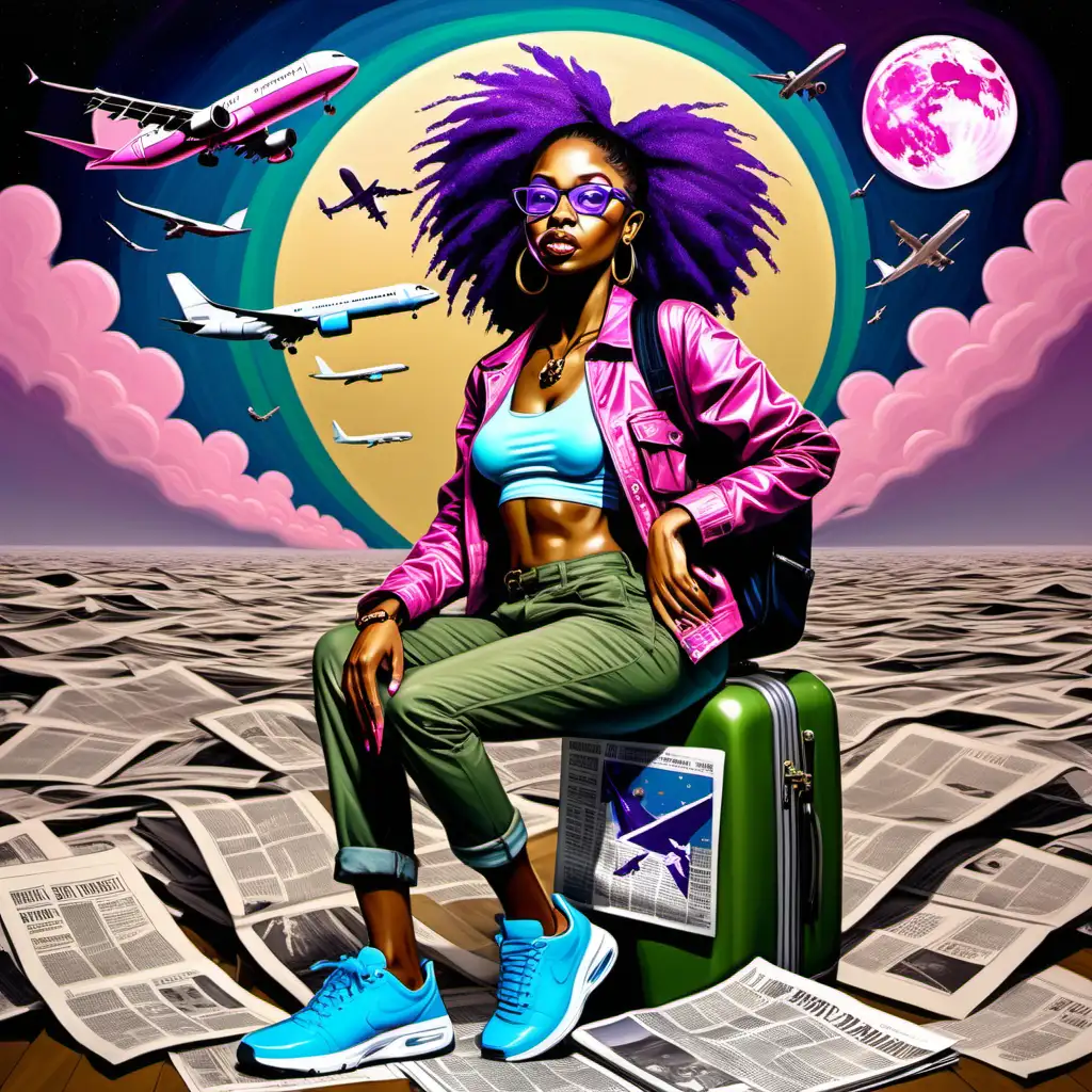 cubism art scattered smeared dripping painting image with background full moon with Africa, African ancestors embarked on Africa, and airplane of a 30 year old petite dark brown African American woman bald headed purple scalp, light brown eyes, teal glasses, gold hoop earrings, olive green baggy pants pink halter top, blue jean jacket, triple pink Nike shoes pulling travel luggage  backpack passport  “adventurous Kam” 3D block lettering  newspapers flying
