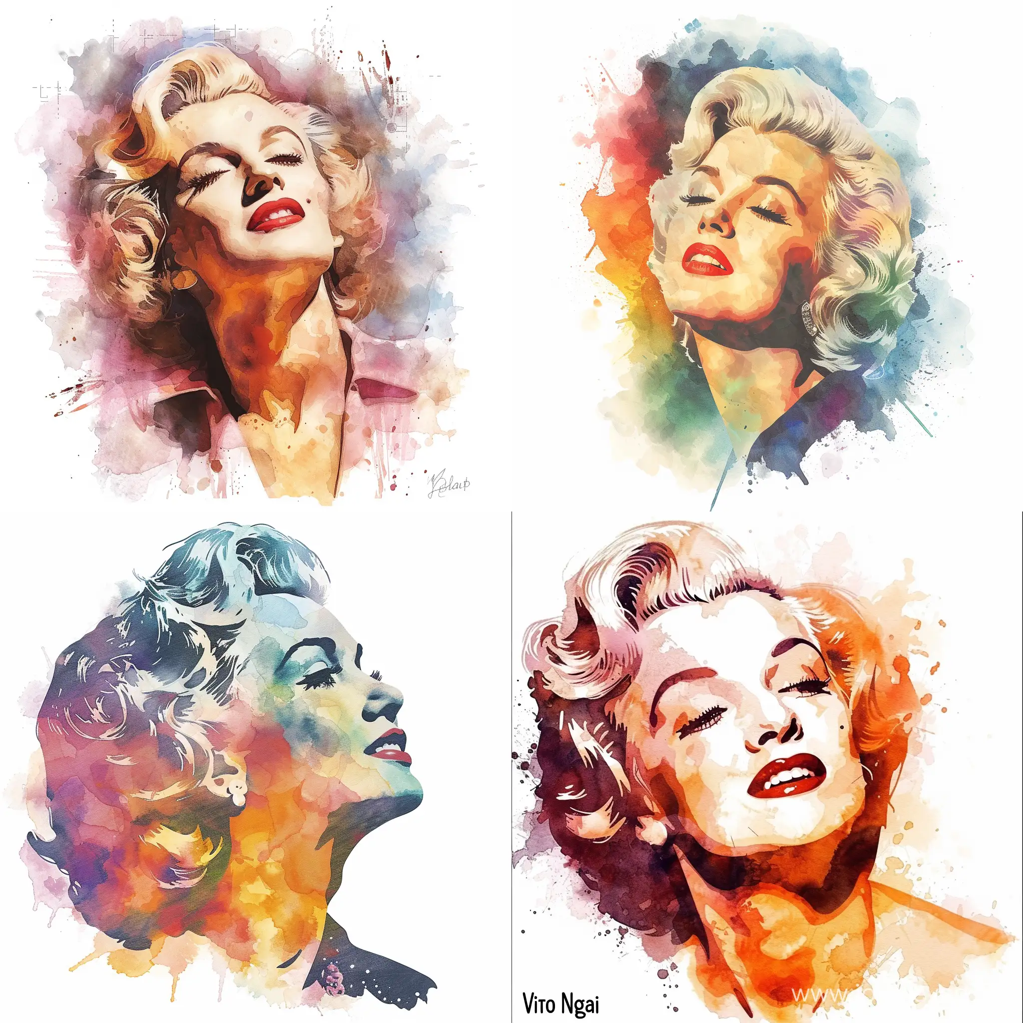 Profile portrait of actress Marilyn Monroe, watercolor, flat illustration, Victo Ngai style