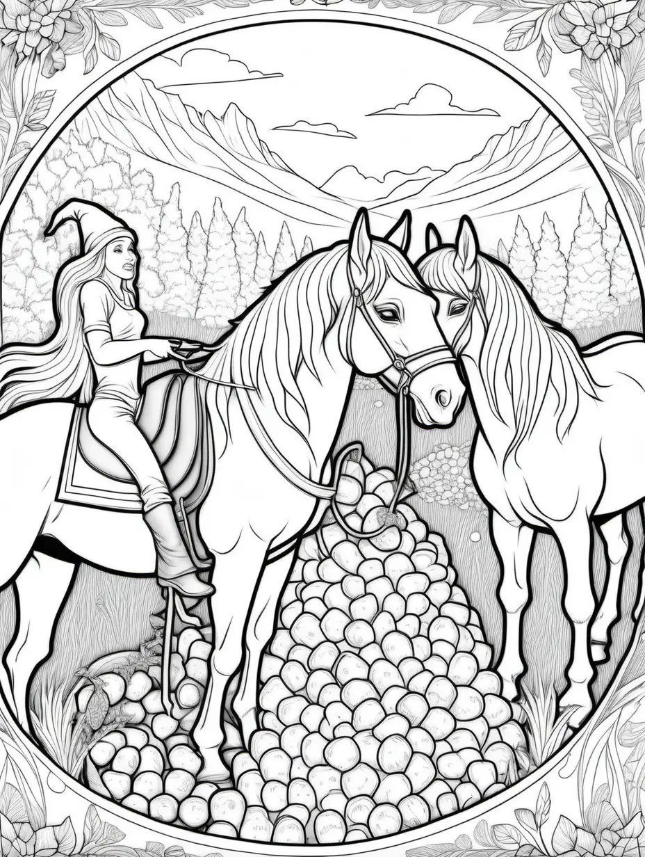 coloring page for adults, gnomes feeding carrots to horse, thick lines, low detail, no shading, 