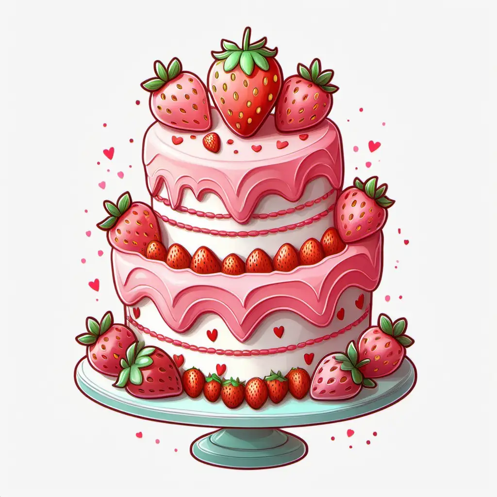 fairytale,whimsical,cartoon, big valentine strawberry cake,with cute decorations,
pastel, white background, sticker image