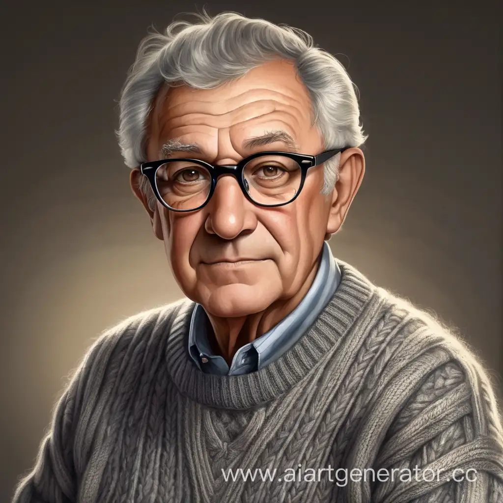 Дедушка, лет 50-60, темные волосы с сединой, в очках, в свитере домашнем