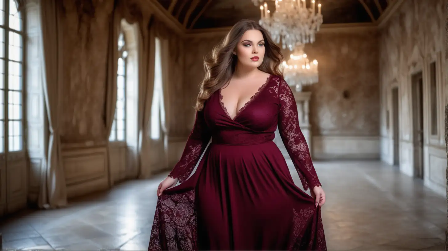 beautiful, sensual, classy elegant plus size model wearing a lace deep burgundy color dress with a slightly flared skirt that ends just below the ankles, lace deep burgundy color slightly flared burgundy lace skirt,  skirt is made from the same burgundy lace fabric as a top, fitted burgundy bodice, v-neck, long fitted sleeves, empire defined waistline with a waistband tonal to the dress, hair is flowing, luxury photoshoot inside a magical winter castle in France, winter decorations  inside the rooms in the castle, antique background