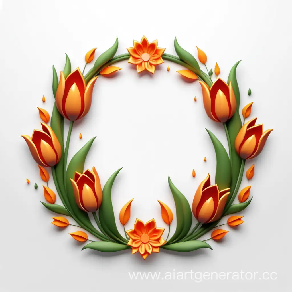 simple icon of a 3D flame border floral wreath frame, made of border tulip flowers. white background.