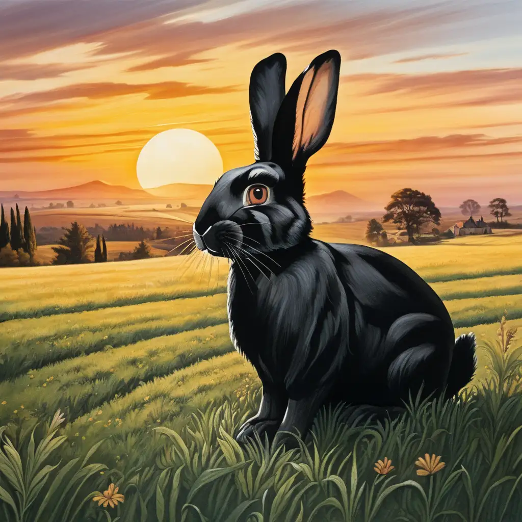 black rabbit in a field with sunset