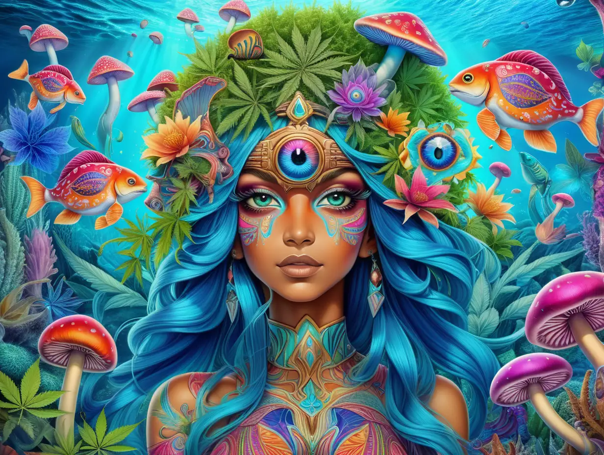 Psychedelic colors and patterns, a field of cannabis, flowers & magic mushrooms, under the sea with beautiful fish, vibrant colors with an exotic woman with the all seeing third eye 