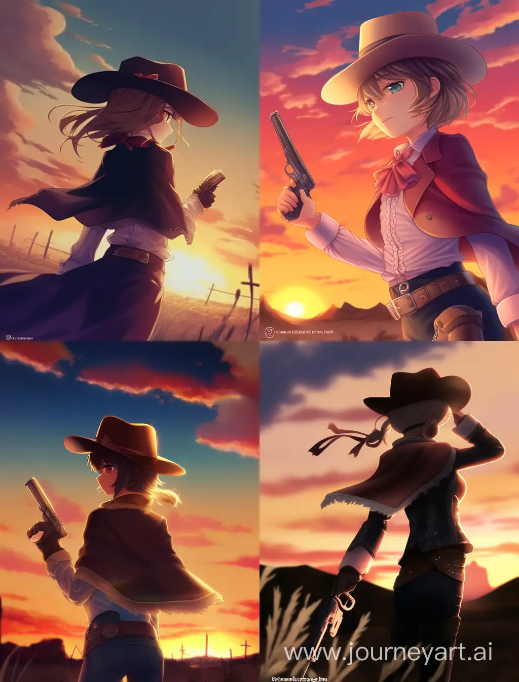 gunslinger girl in cowboy clothes wearing a hat and leather jacket, holding old revolve in a sunset old west landscape