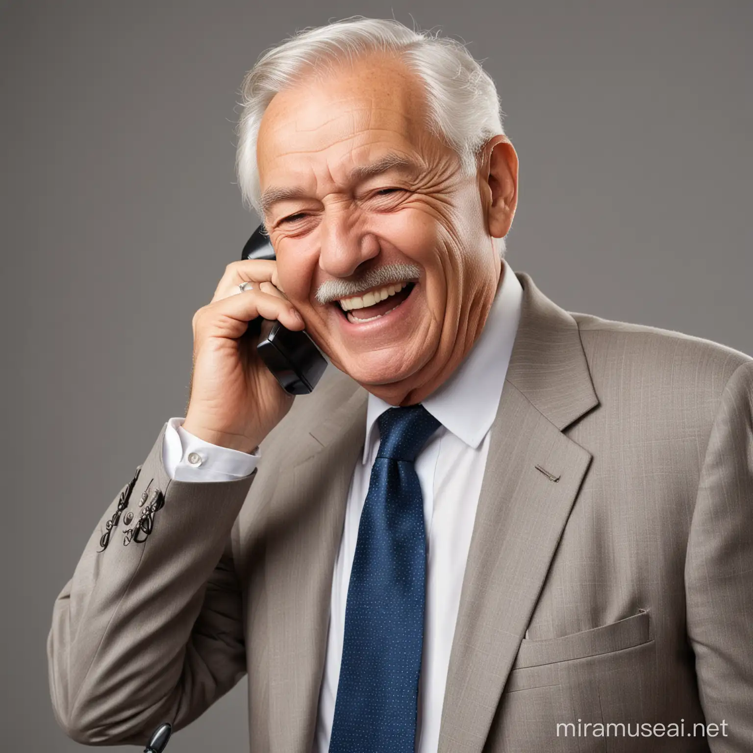 Joyful Elderly Businessman Laughing on Phone Call