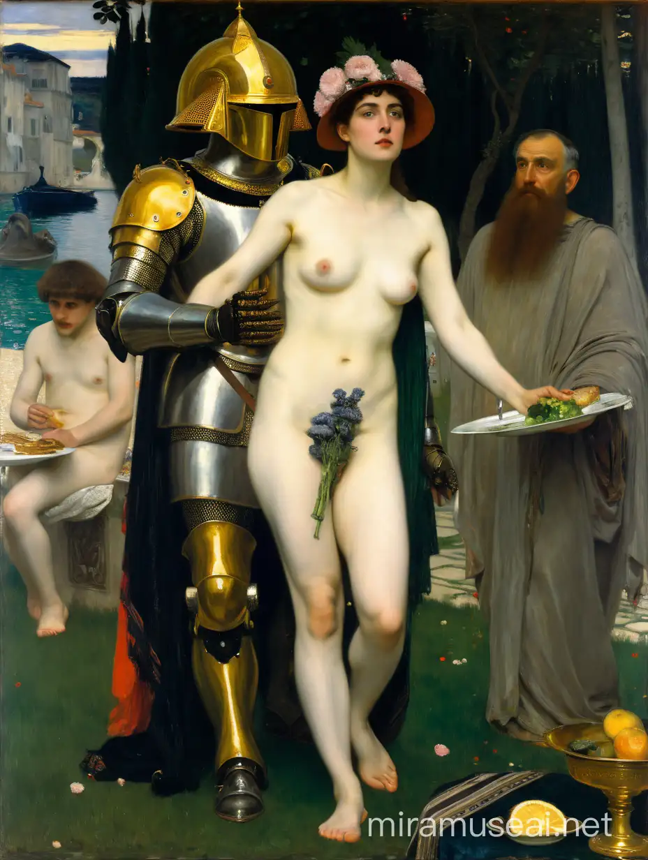 Adolf Menzel, Sargent,  Gustav Klimt , Arnold 
Bocklin  young undressed woman with old man in armor with flower and royal military helmet Paolo Veronese and Gustav Klimt, Claude Monet, Alma-Tadema Lawrence a naked young woman and an old ugly, grotesque man in armor have dinner with an alien in a royal suit and a robot