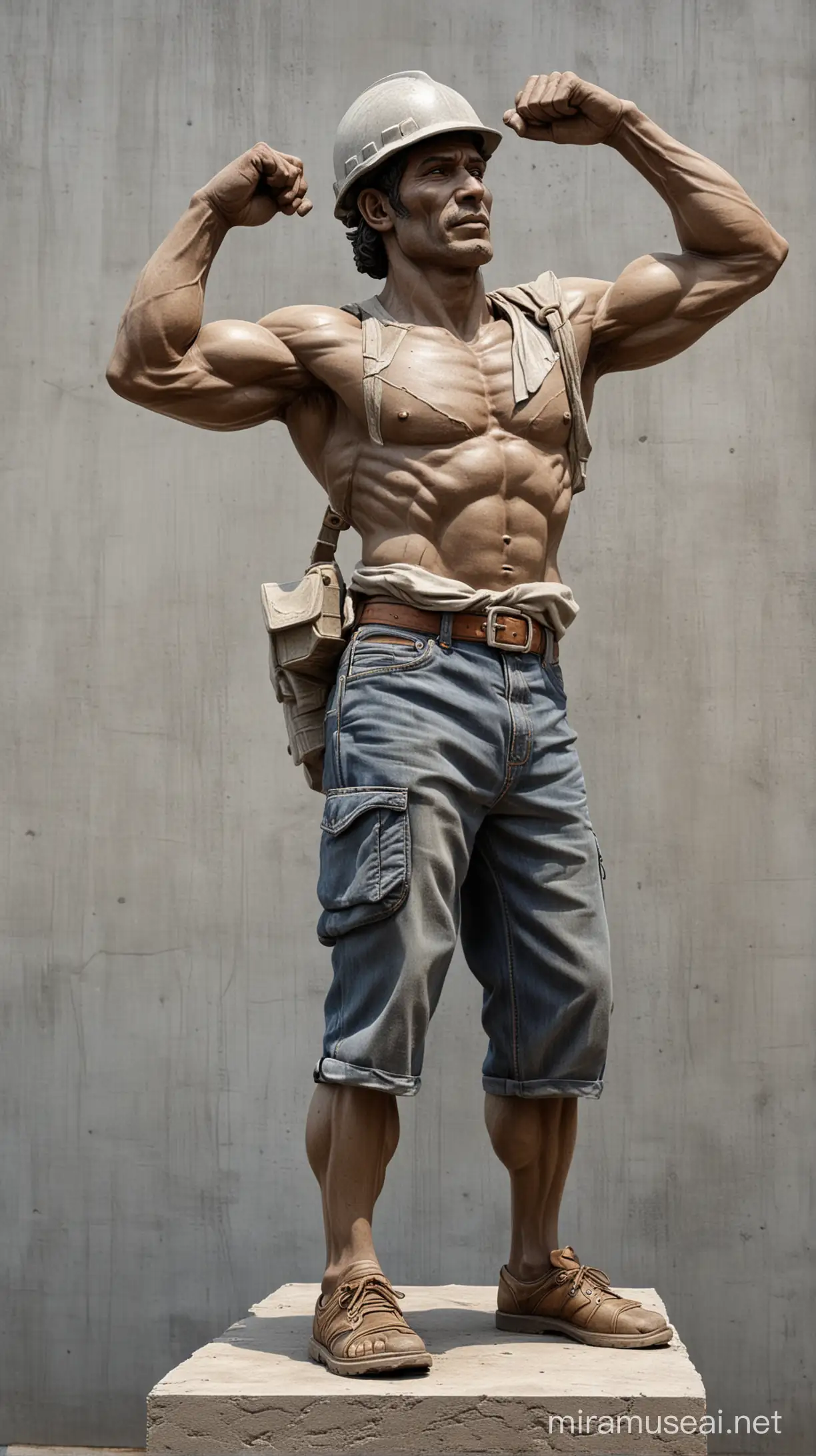 Muscular Mestizo Construction Worker Carrying Stone Hyperrealistic Sculpture in Oil Painting