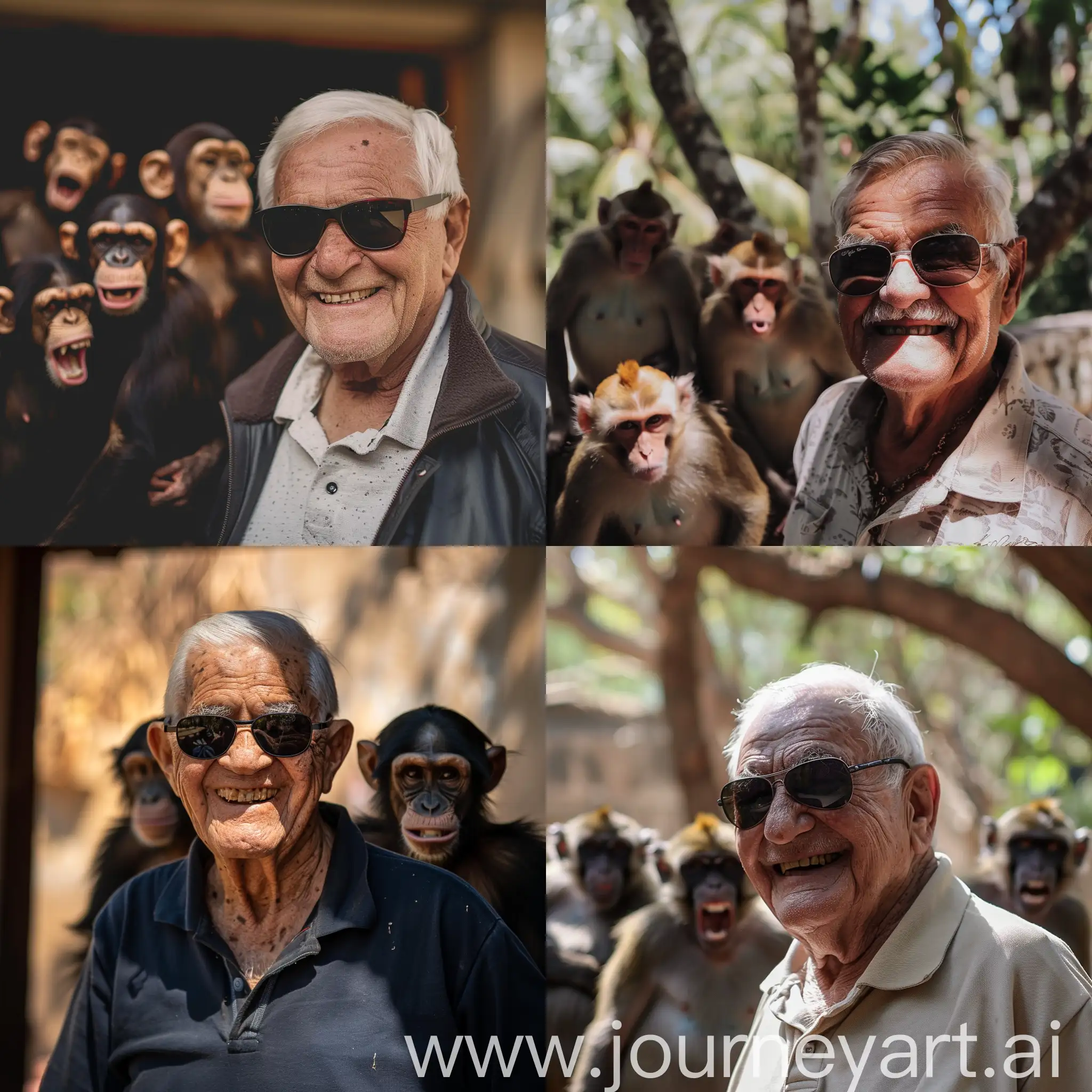 Дедушка в солнцезащитных очках стоит и улыбается, позади него злые обезьяны 