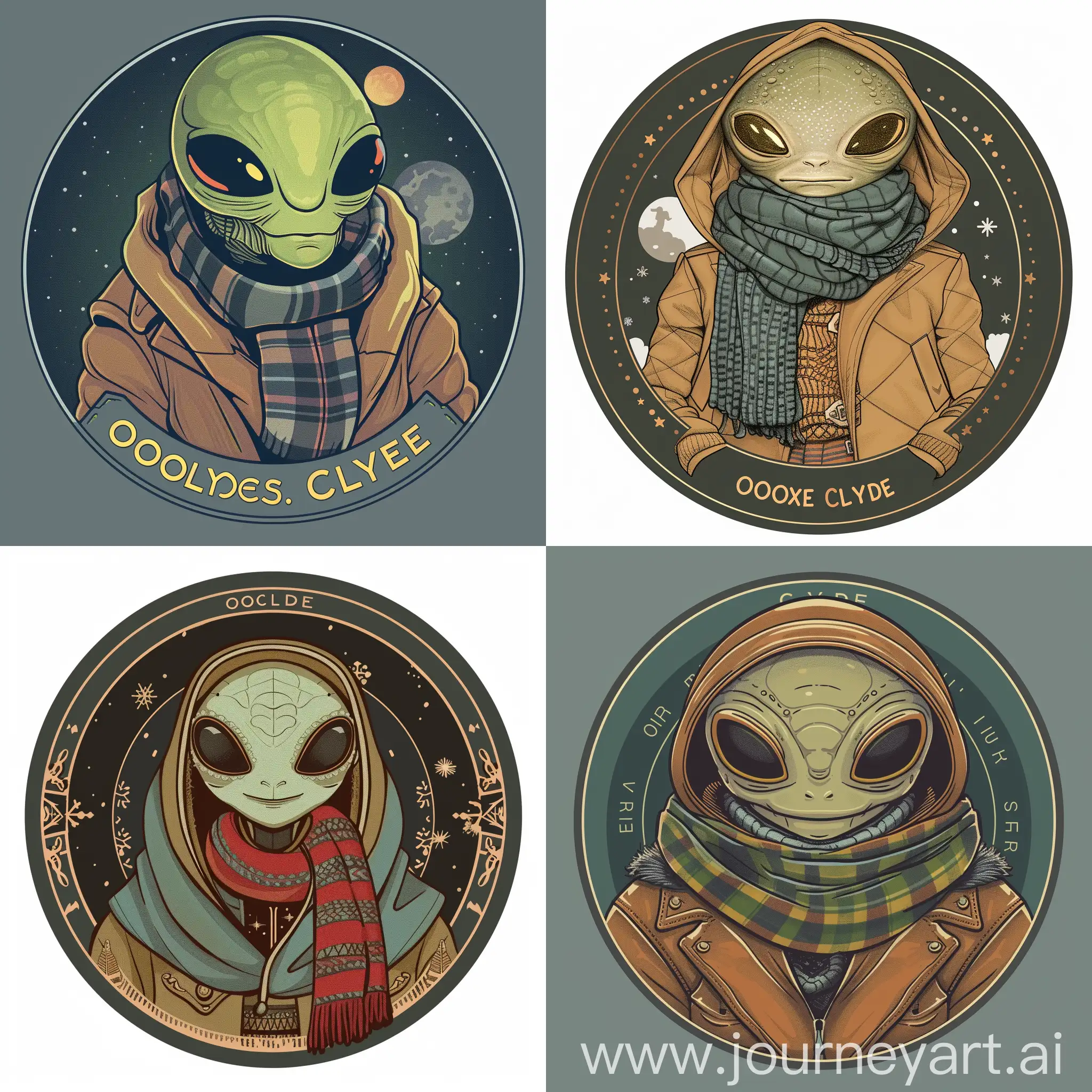 Let your imagination run wild with this prompt for Oracle Clyde's circular logo! Visualize the friendly Alien wearing a warm winter coat and scarf, with intricate details and stylistic rendering that brings the character to life in a unique and visually stunning way.