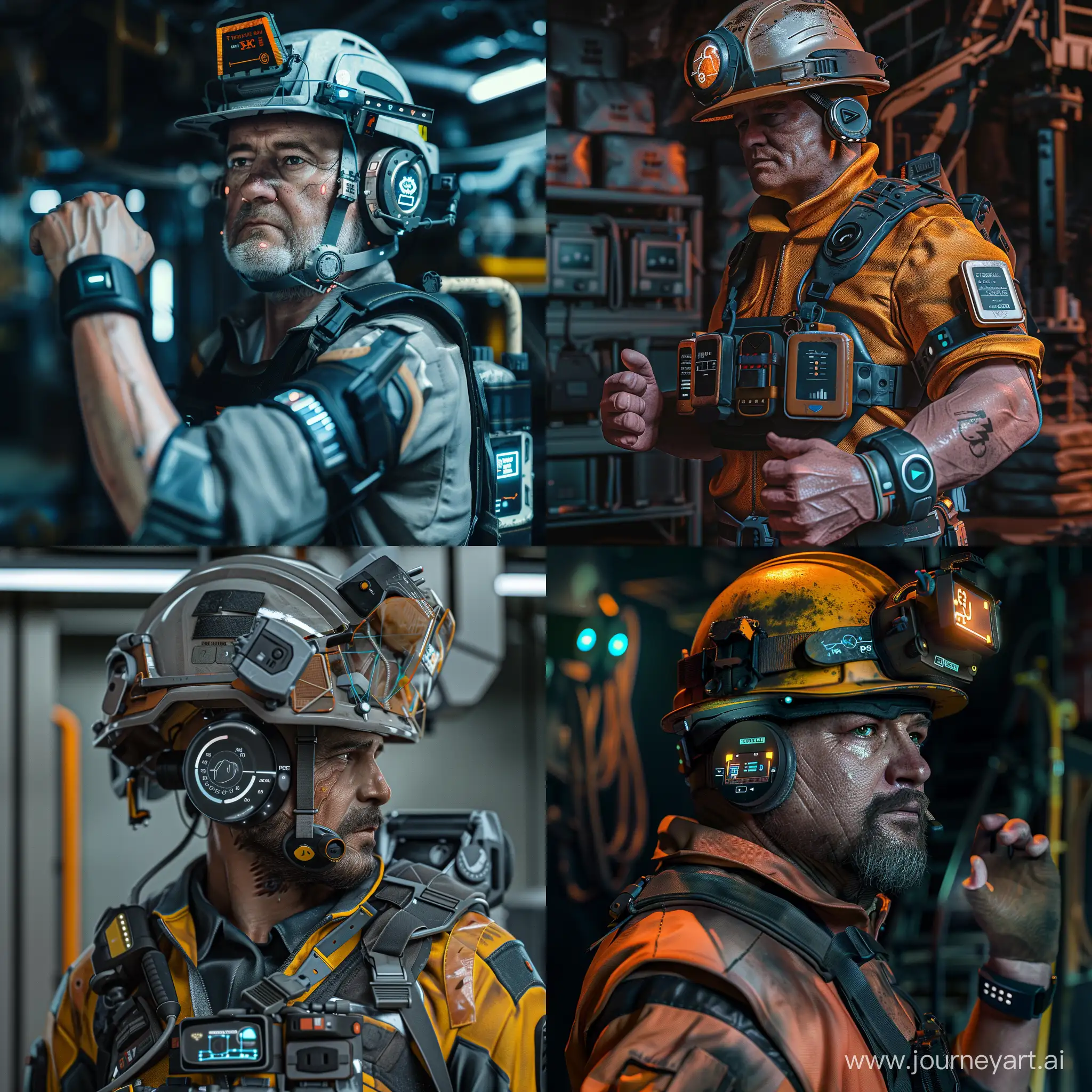  a full body realistic miner is wearing a smart hardhat with sensors that can detect gas leaks, methane levels, and other hazards. He is also wearing a smart  wristband that can track his location and vital signs, and can send out an alert if he falls or becomes unresponsive. These personal protective equipment (PPE) devices help to keep the miner safe while he works in the dangerous environment of an underground mine. and also trak his productivity and efficency
