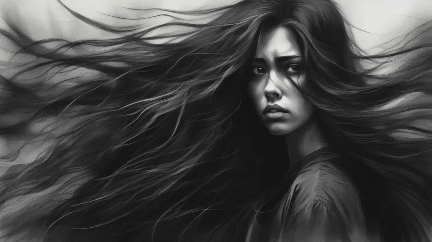 Emotional Woman with Flowing Hair in Charcoal Art