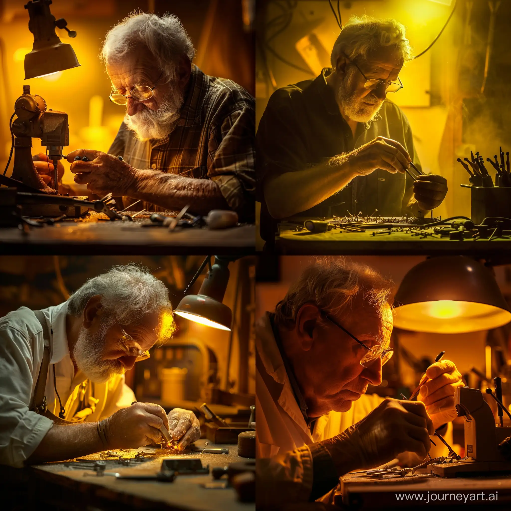 一个德国老技师，在工作坊里正在制作他新研发的指甲剪，黄色灯光 昏暗的背景