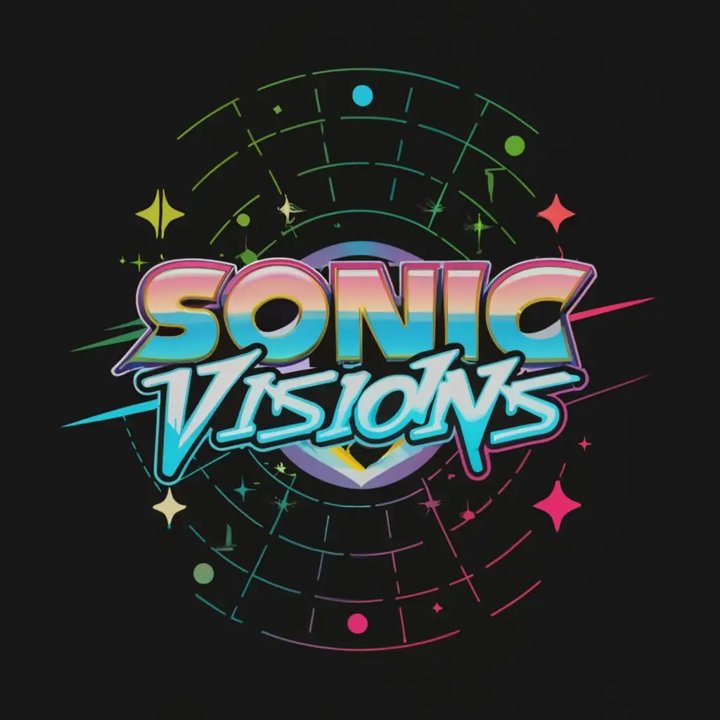 a logo design,with the text "Sonic Visions", main symbol:spinning black hole galaxy and broken diamond heart psychedelic rainbow with Sonic the Hedgehog font,Moderate,be used in Entertainment industry,clear background