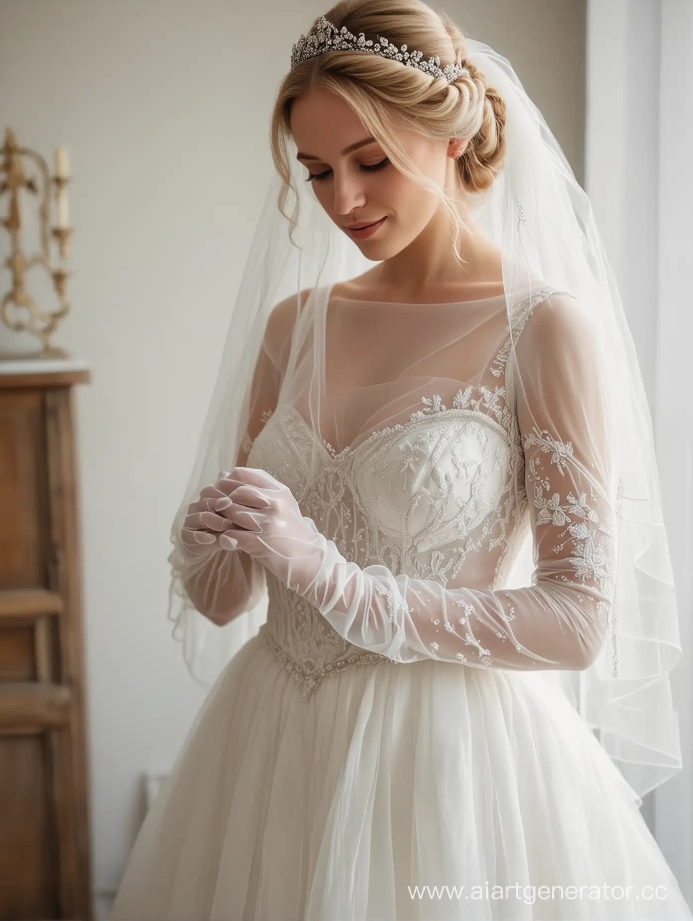 Albino-European-Bride-in-Swirling-Mist-Wedding-Dress-with-French-Braid-Hairstyle-and-Translucent-Gloves