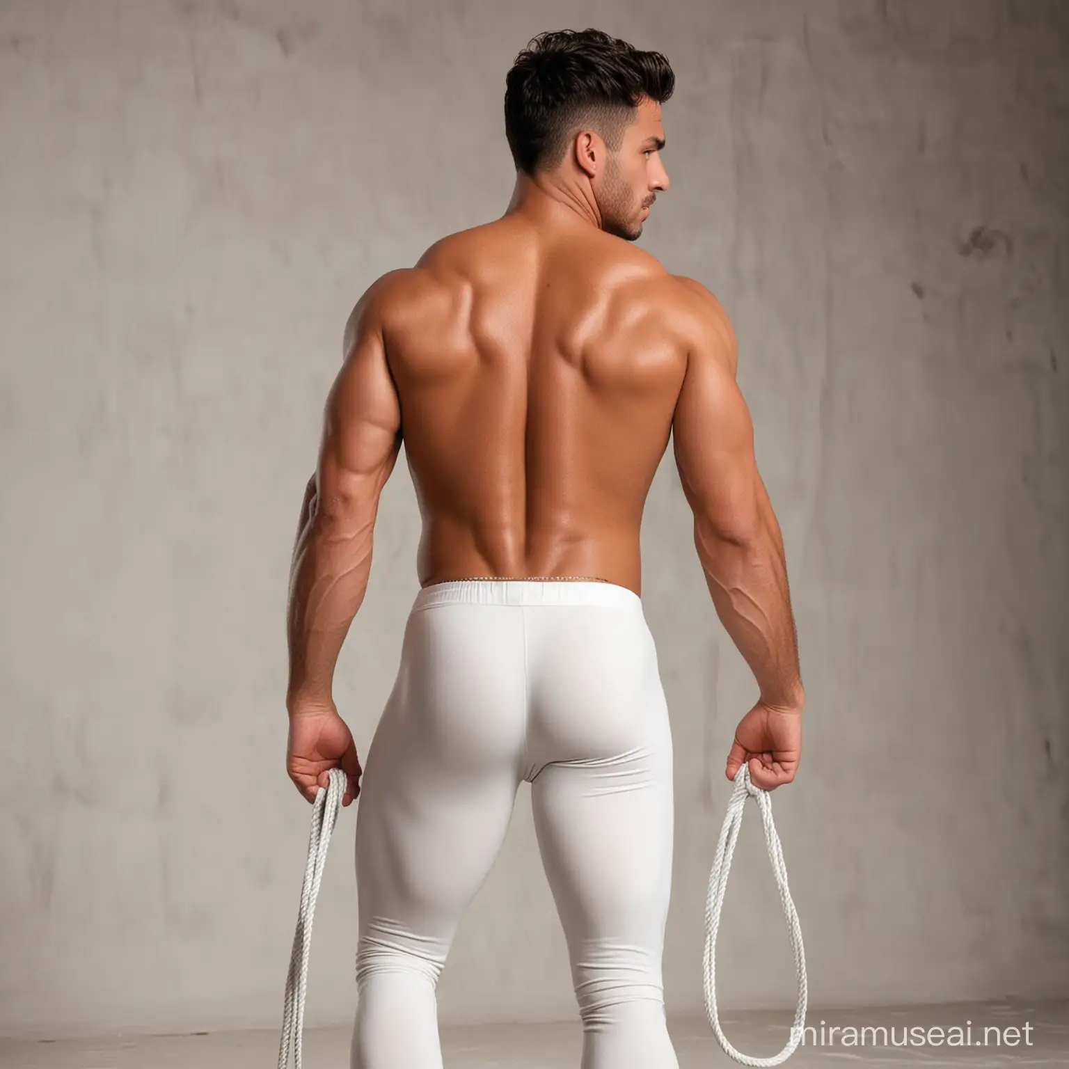  handsome fit shirtless 27 year old Italian wrestler, with tan skin and short black hair,clean shaved,  with well defined buttocks, wearing long white spandex leggings; standing in ropes, rear view