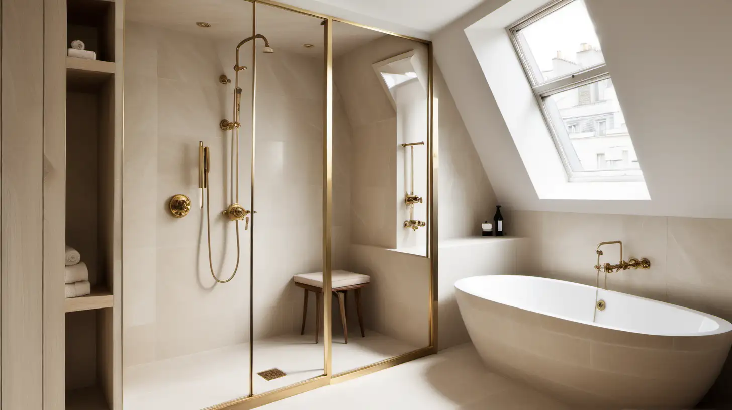 Elegant, Minimalist, neutral Parisian Bathroom with large shower alcove and brass rianhead shower; Beige, Oak, Brass, Ivory colour palette