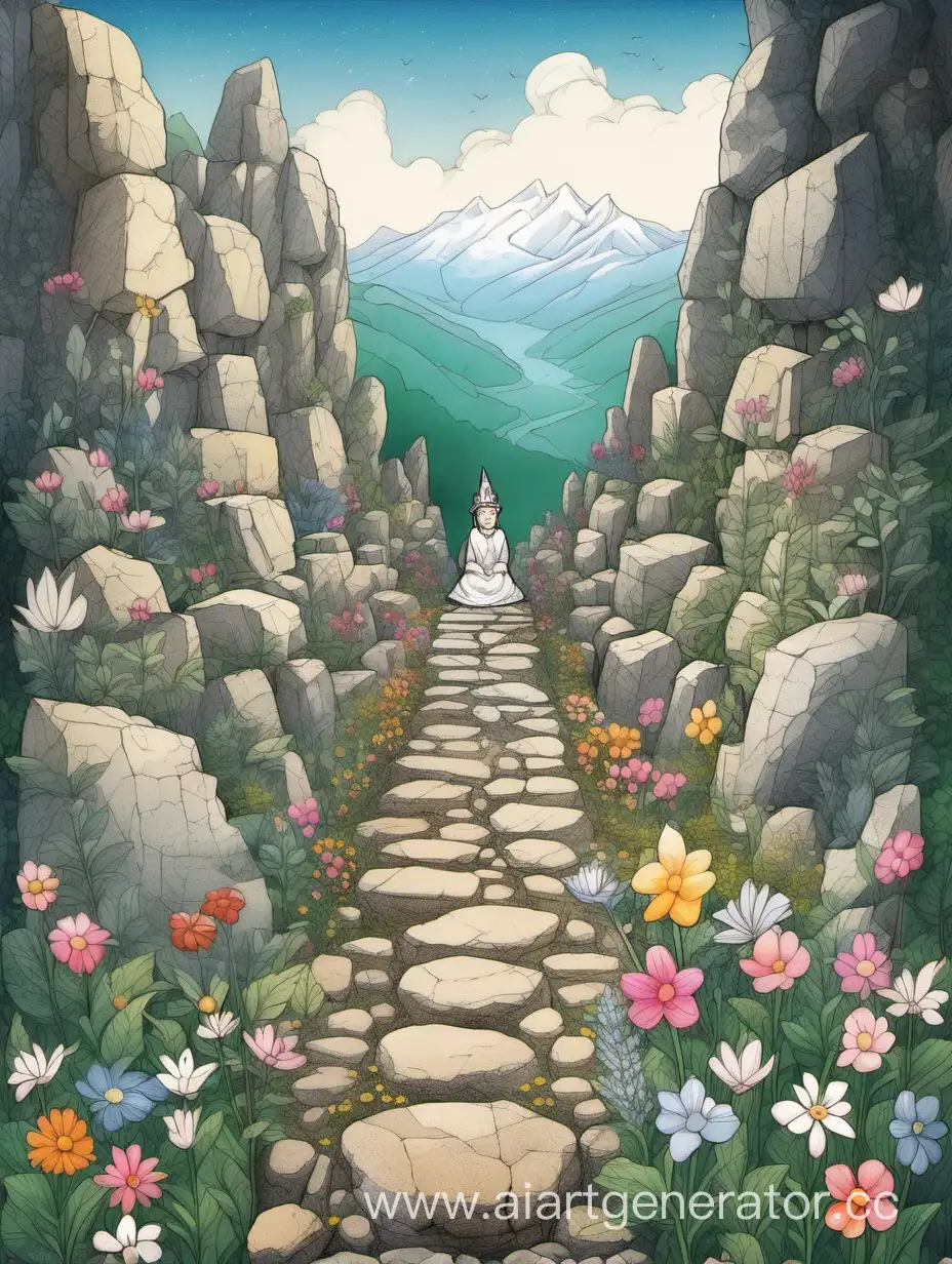 в горах каменный сад и там растут каменные цветы на заднем фоне каменная королева детский рисунок