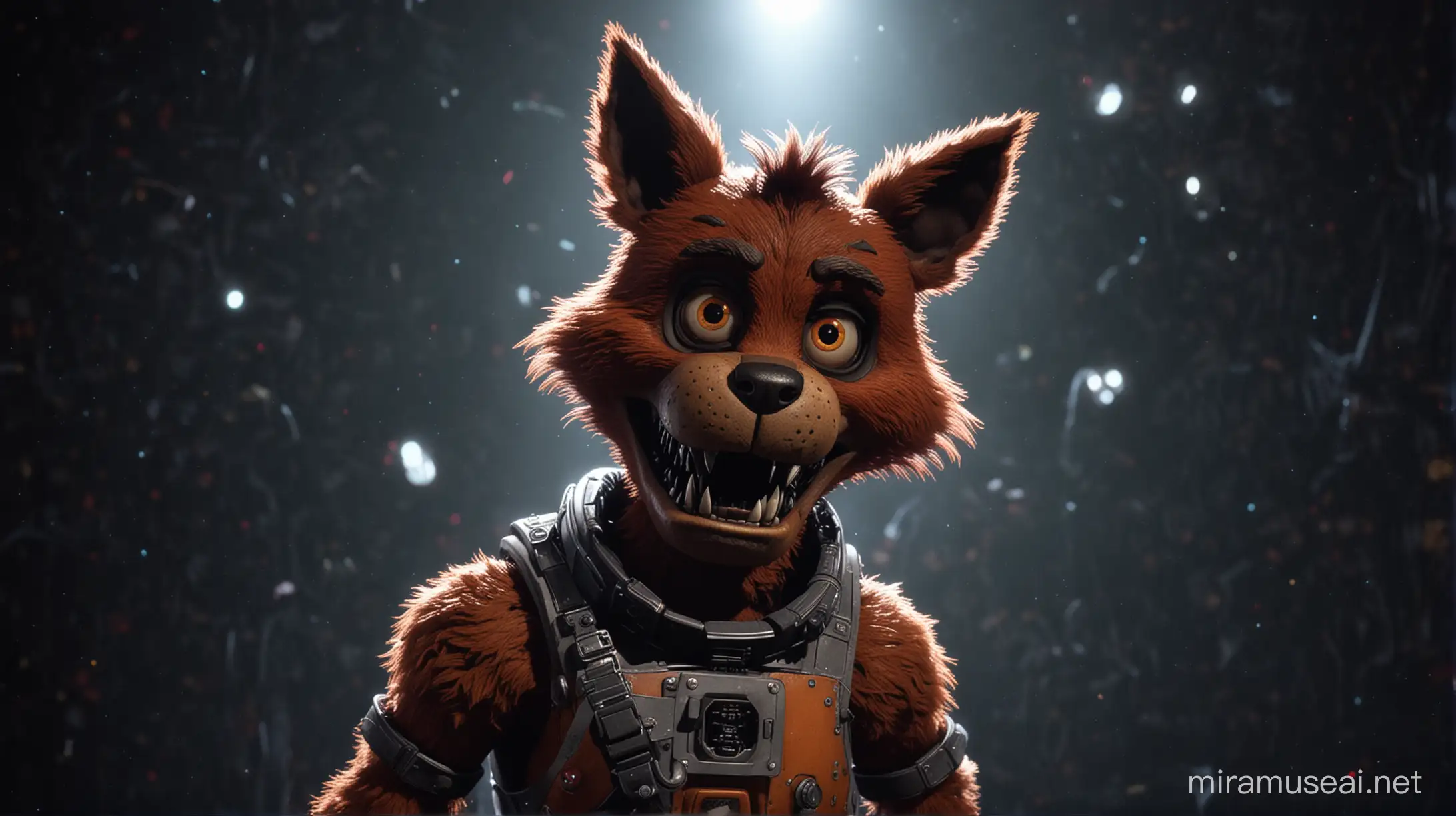  image of foxy from the movie five nights at freddy's, in space. 6k resolution, more realistic, based on the movie Five Nights at Freddy's