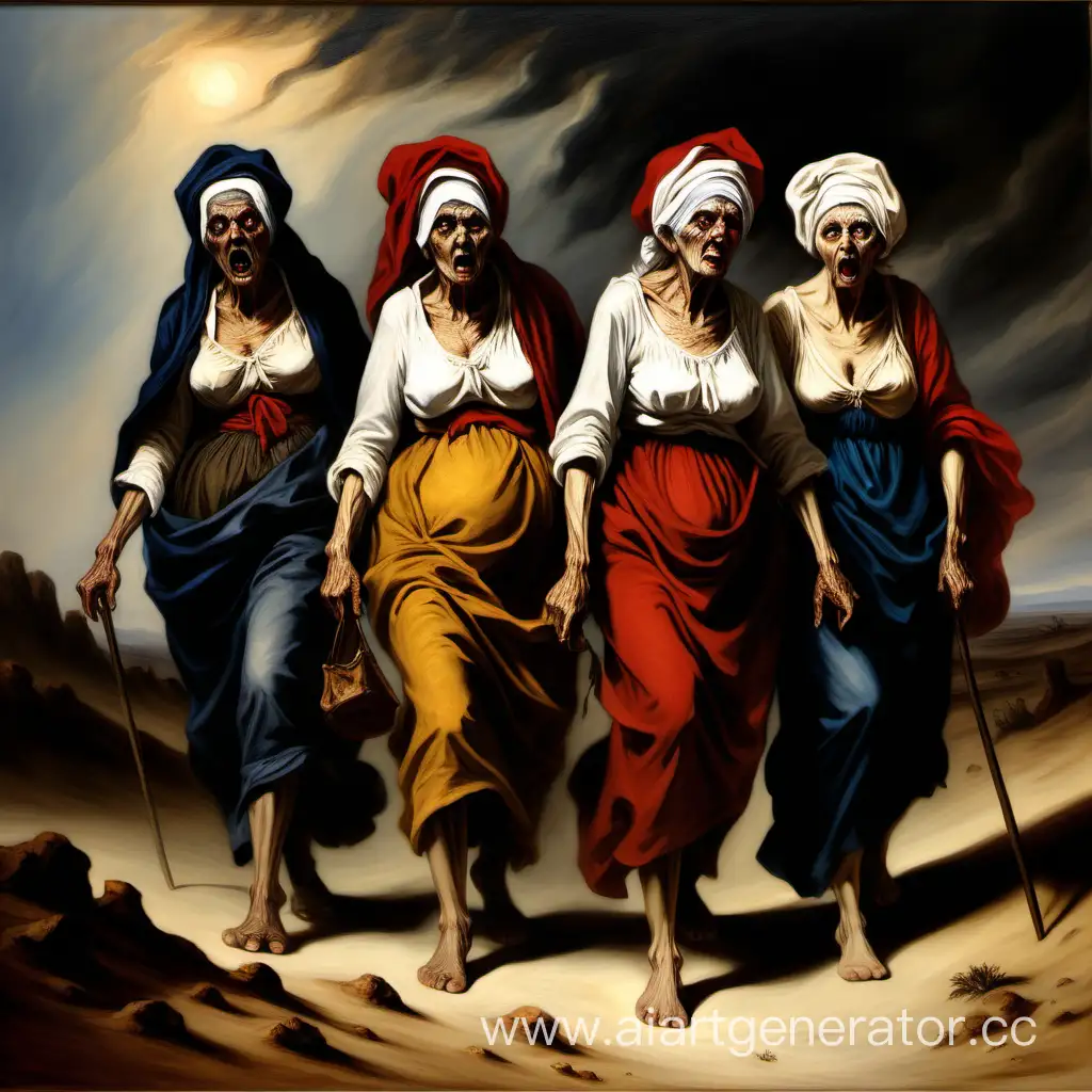 4 vieilles femmes cruelles errant dans le désert, en chemin vers l'enfer, à la manière Delacroix