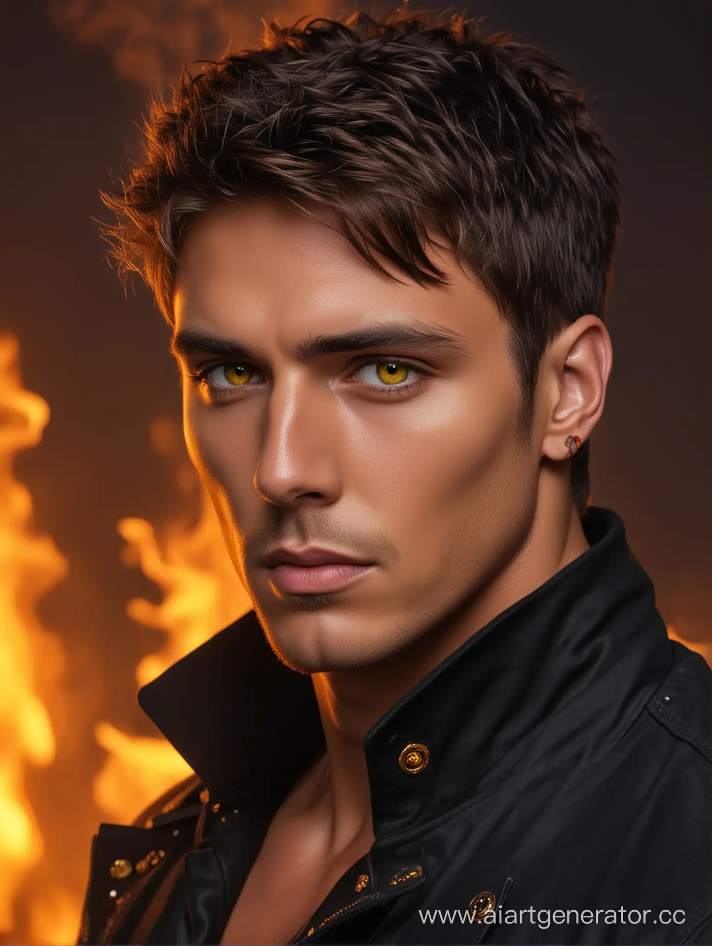 Dashing-Brunet-in-Black-Attire-with-Golden-Earring-Amidst-Fiery-Inferno