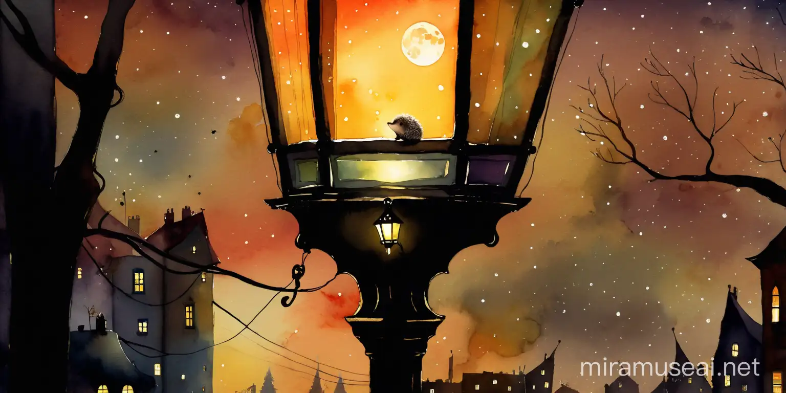 ночь, город, милый ежик сидит на крыше дома в современном городе и смотрит на луну, фонарь, watercolour style by Alexander Jansson