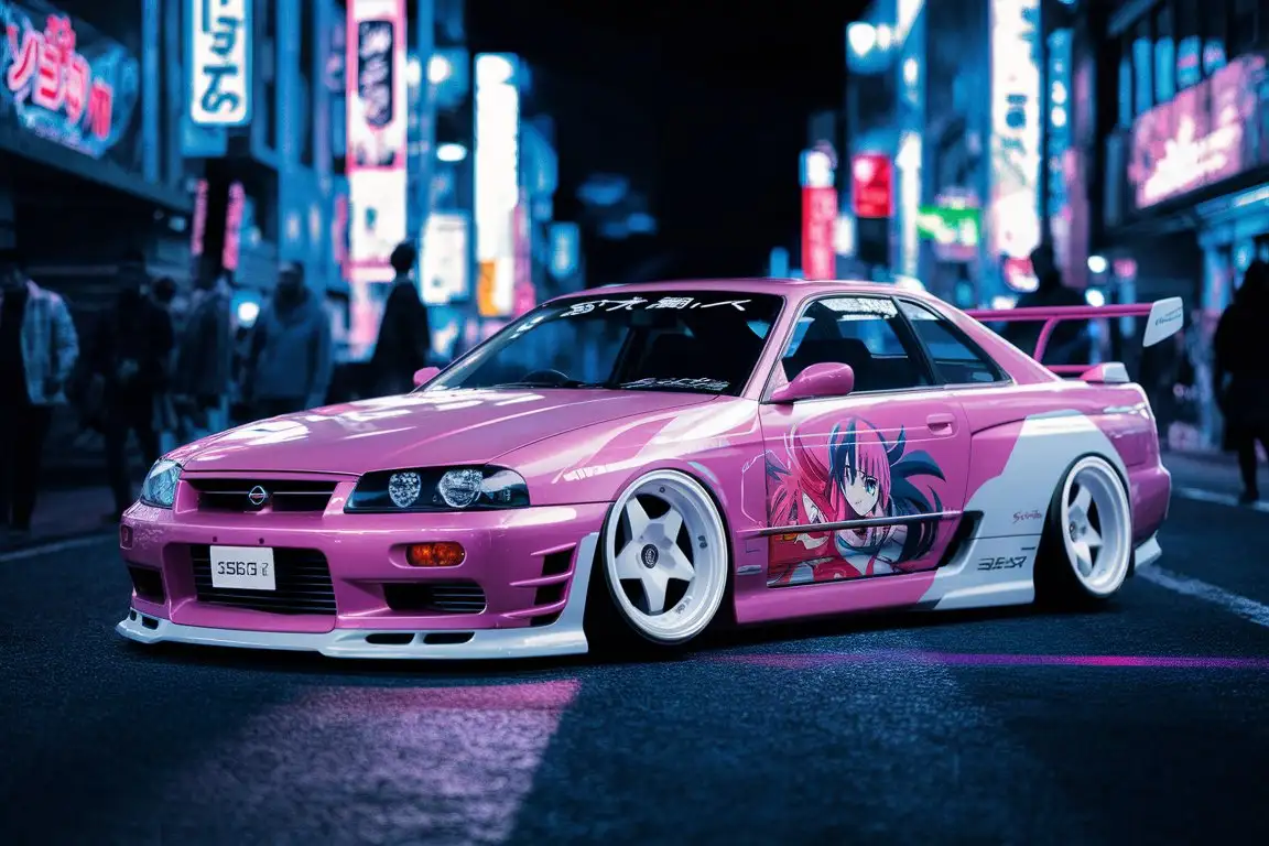 Pink Nissan Skyline 25GT Coupe, white rims, anime decal, urban Japanese street, night