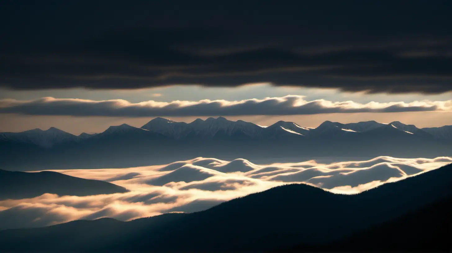 Majestic Mountain Landscape with Ethereal Clouds and Soft Ambient Light