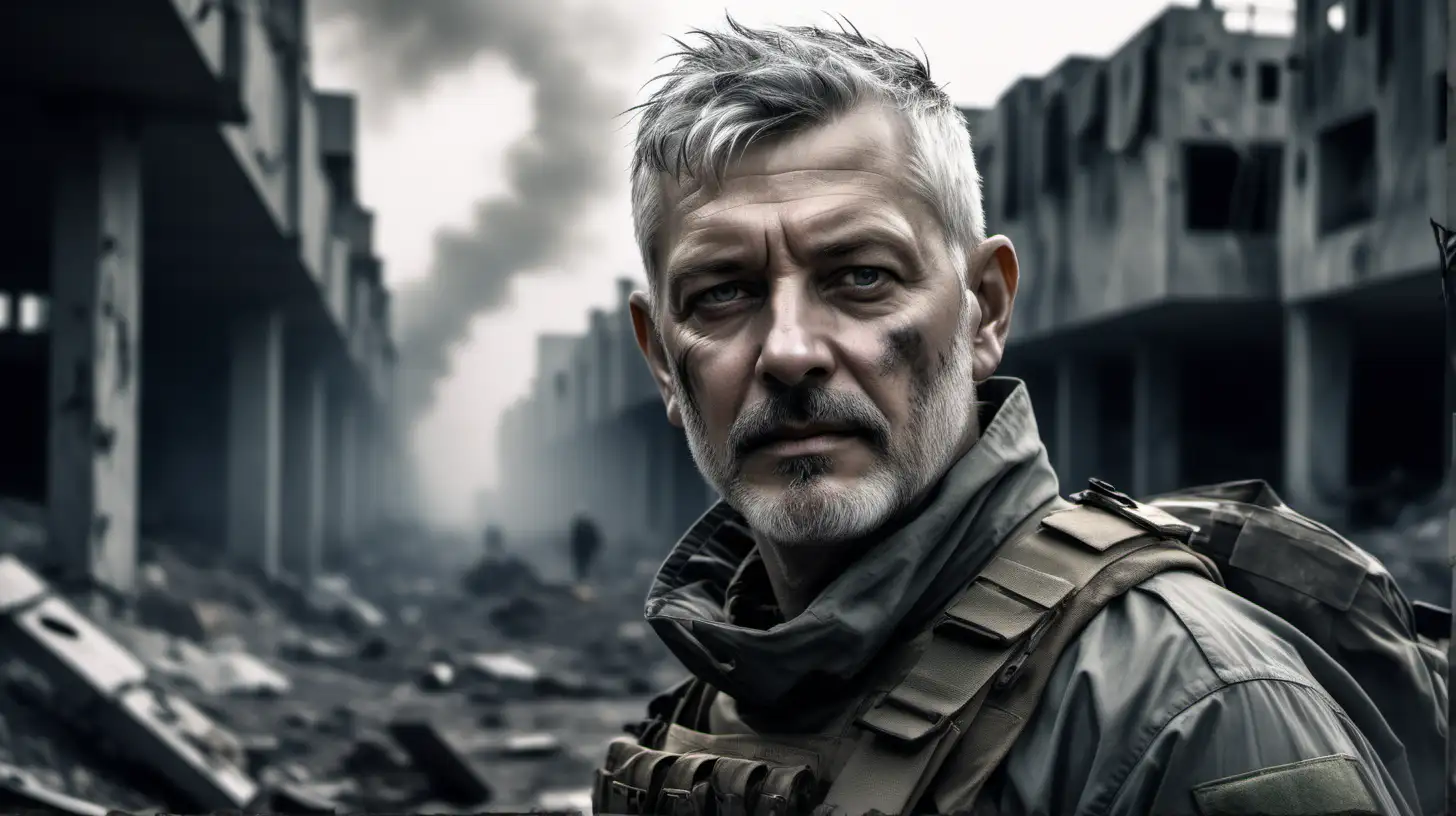 white middle aged man soldier with very short grey hair and a very short grey beard, in an apocalyptic environment