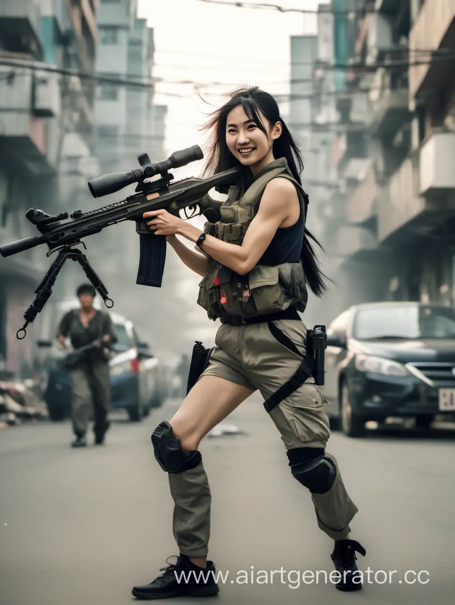 A full-length, thin, smiling Chinese young woman with a narrow waist, wide pelvis, muscular legs and hairy crotch with a sniper rifle is fighting an urban battle in a busy city