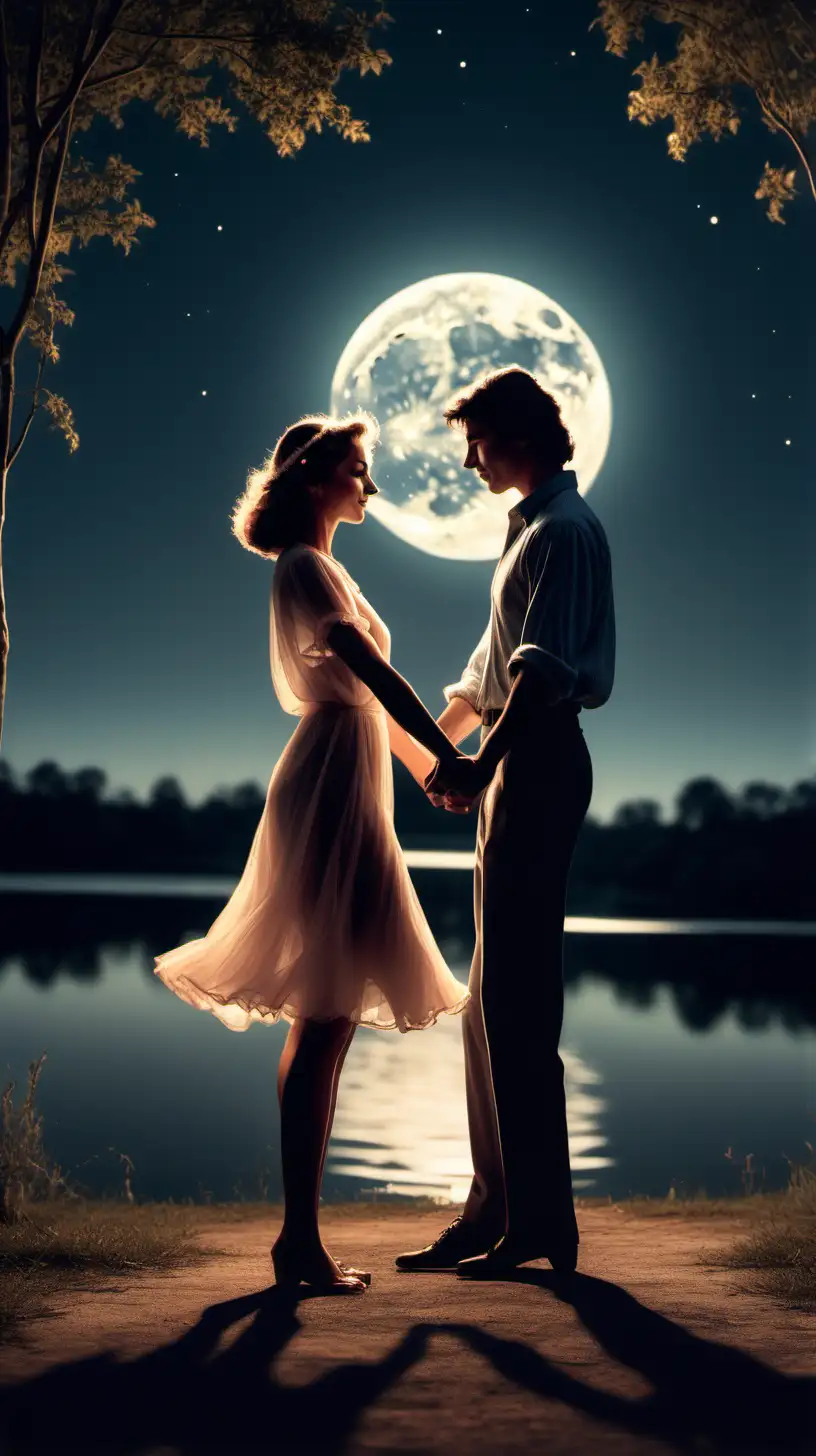 generate a image of couple holding hands in a dance pose under moon light in the 1980's . the image should be a portrait which clearly shows the couple locking thier eyes , their faces are visible in moon light , in the background a lake ,make the image hyper realistic , creative , with full clarity