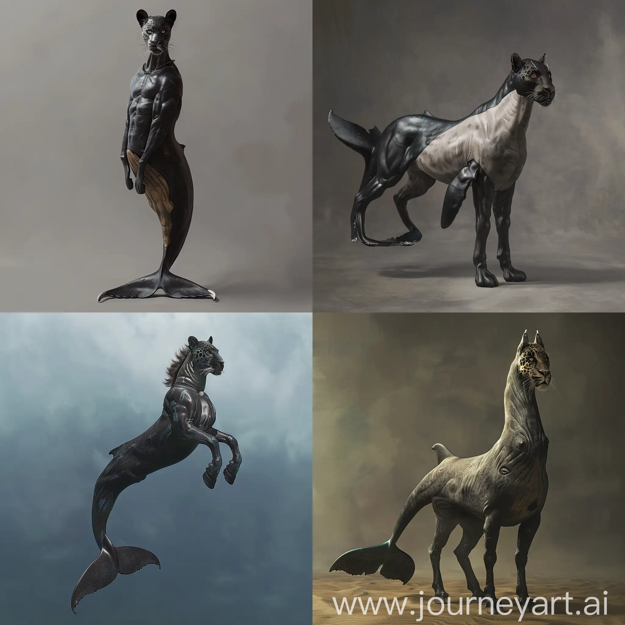 create a creature with sperm whale tail and body, horse front legs and breast and black panther head and neck