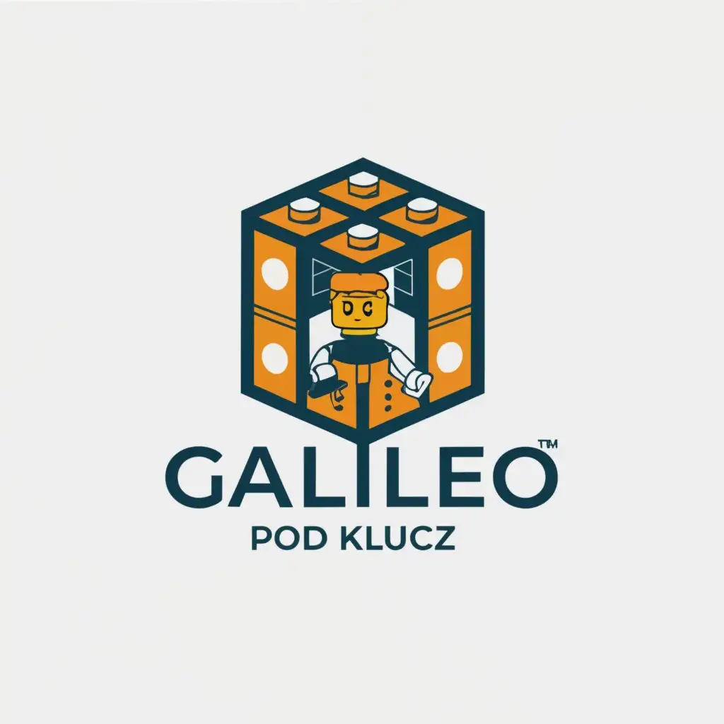 a logo design,with the text "Galileo Under Key", main symbol:Architect details included to the symbols, which are connected in main logotype, Lego character can be added to the logo. Write the logo name in polish - "Galileo Pod Klucz",Moderate,be used in Construction industry,clear background