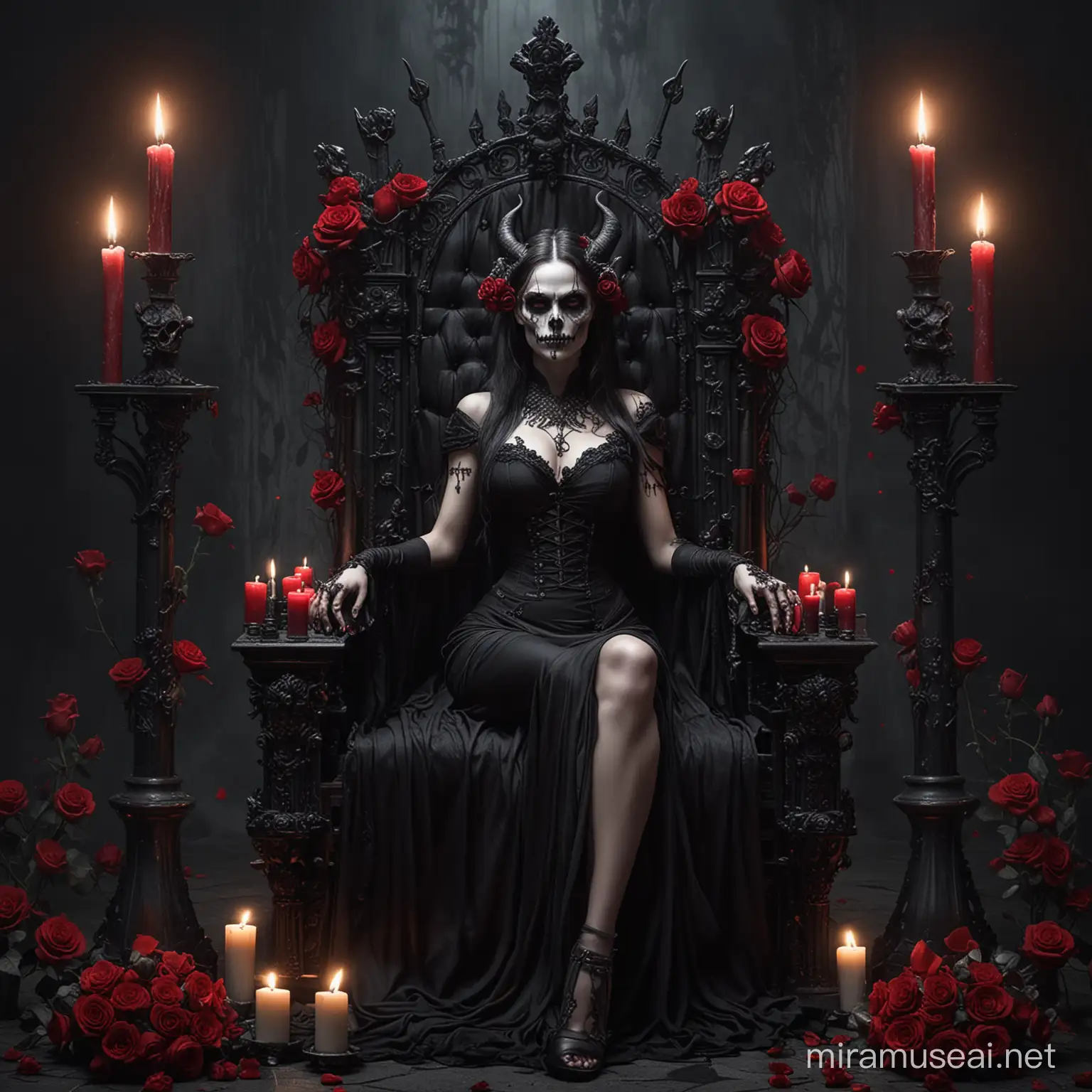 Gothic Demon Lady Surrounded by Skulls and Roses in Dark Throne Room with Candles