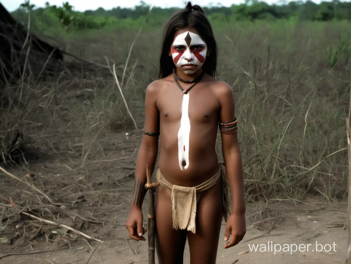 girl Indian from tribe 13 years in full growth loincloth war paint spear in the llanos