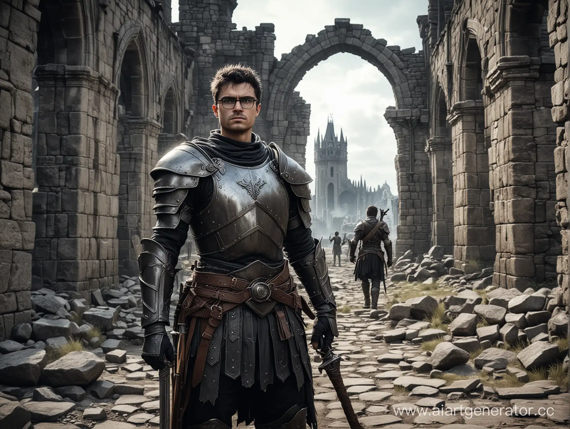 A knight in armor, with short black and disheveled hair, wearing eyeglasses, stands with a staff against the background of the ruins of the castle, the elder scrolls style