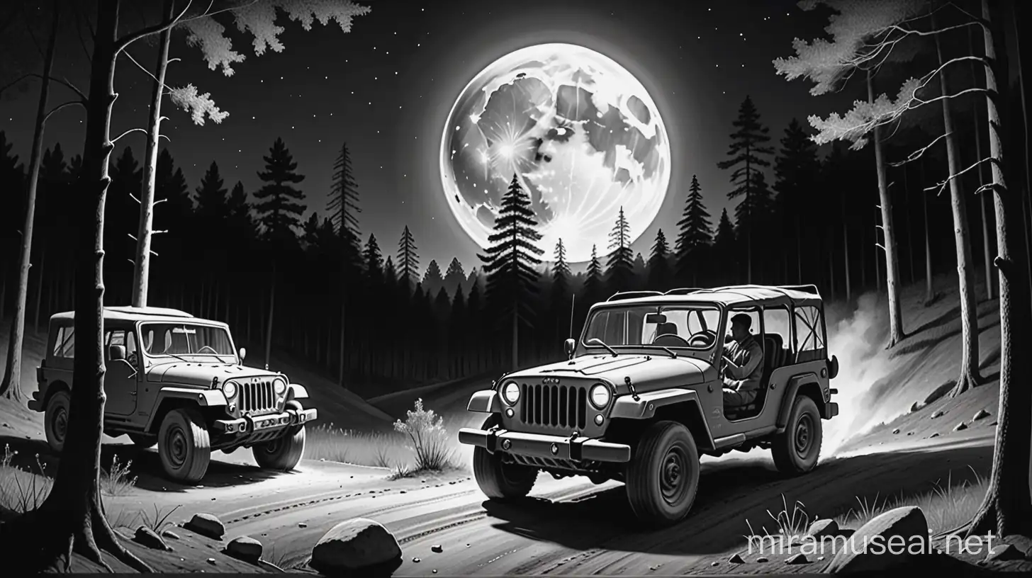 Indian Forest Night Jeep Fight Scene under Moonlight Pencil Sketch