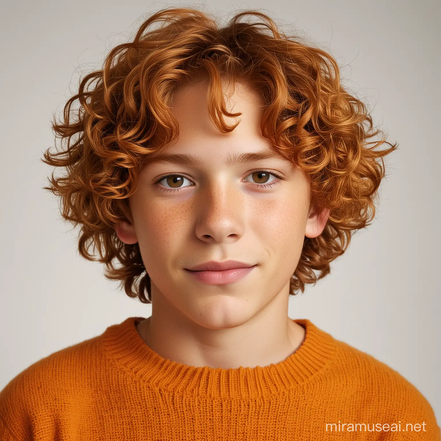 a Hawaiian 13 year old boy with wavy ginger hair and brown eyes who wears an orange sweater with a white background