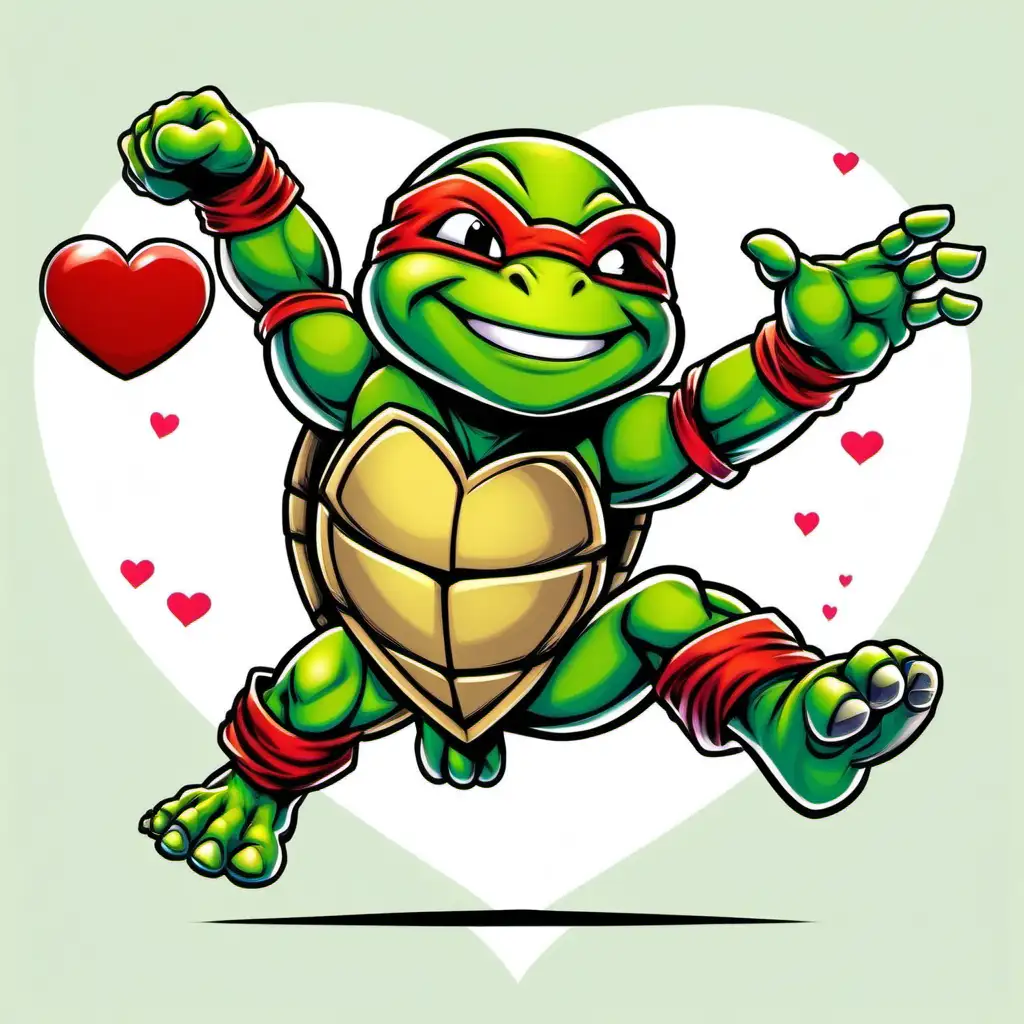 create a cartoon illustration of a chibi styled teenage mutant ninja turtle, jumping in the air holding a heart, white background, high resolution image