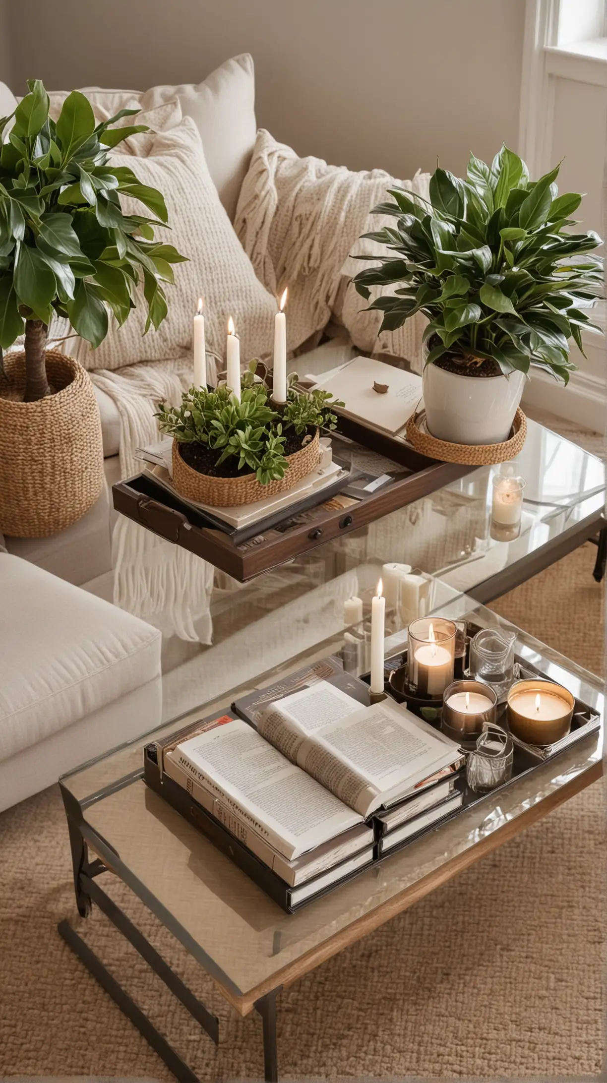 A stylishly arranged coffee table in a living room, featuring books, a small tray with candles, and a decorative plant, serving as a chic focal point.
