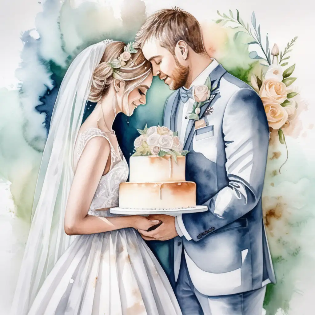 brudpar som håller om varandra, bröllopstårta, paket, blommor i vita toner med vattenfärg







